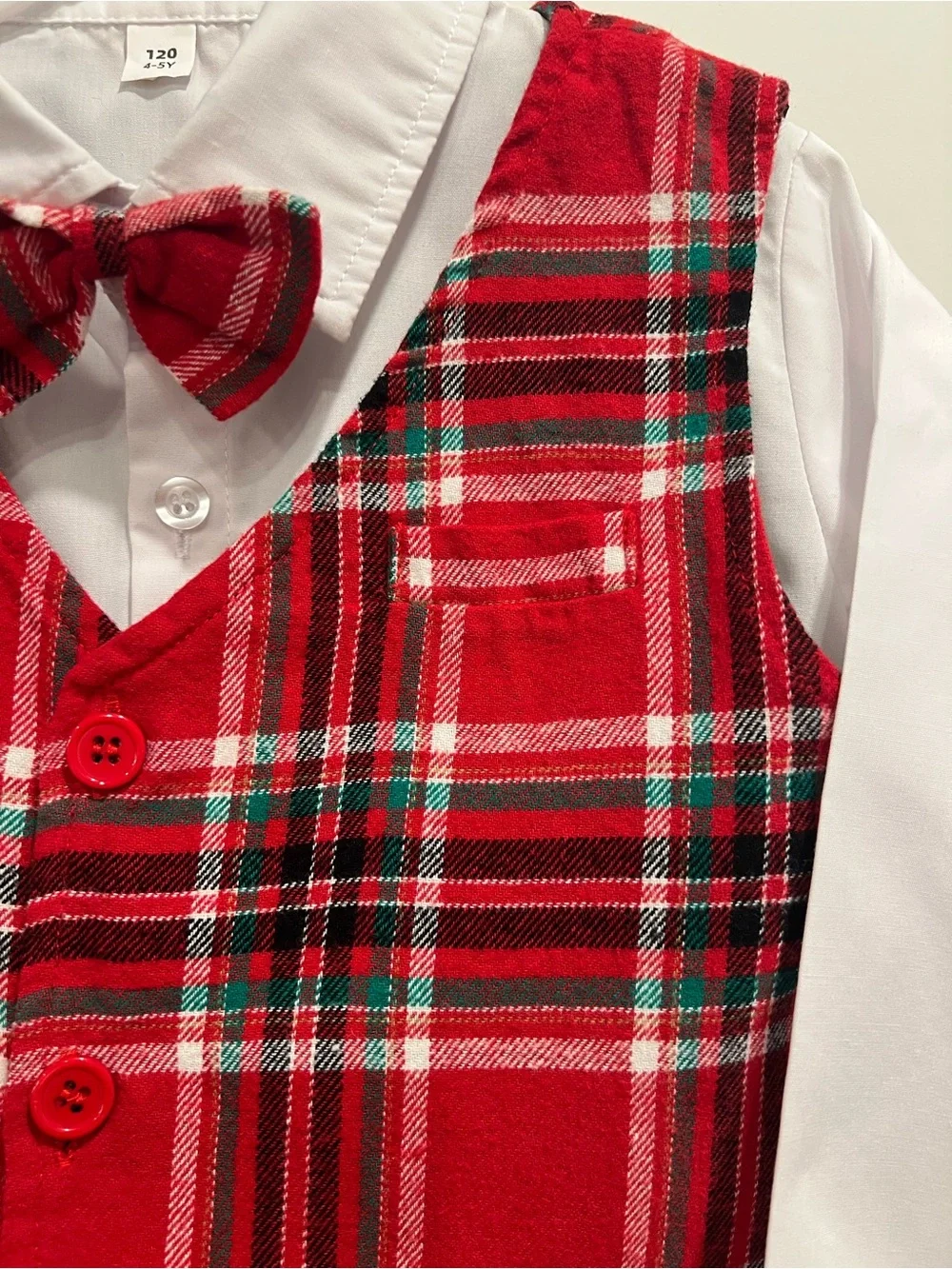 Classic Red Plaid Boys' Vest Set with Bow Tie and White Shirt 4-5Y